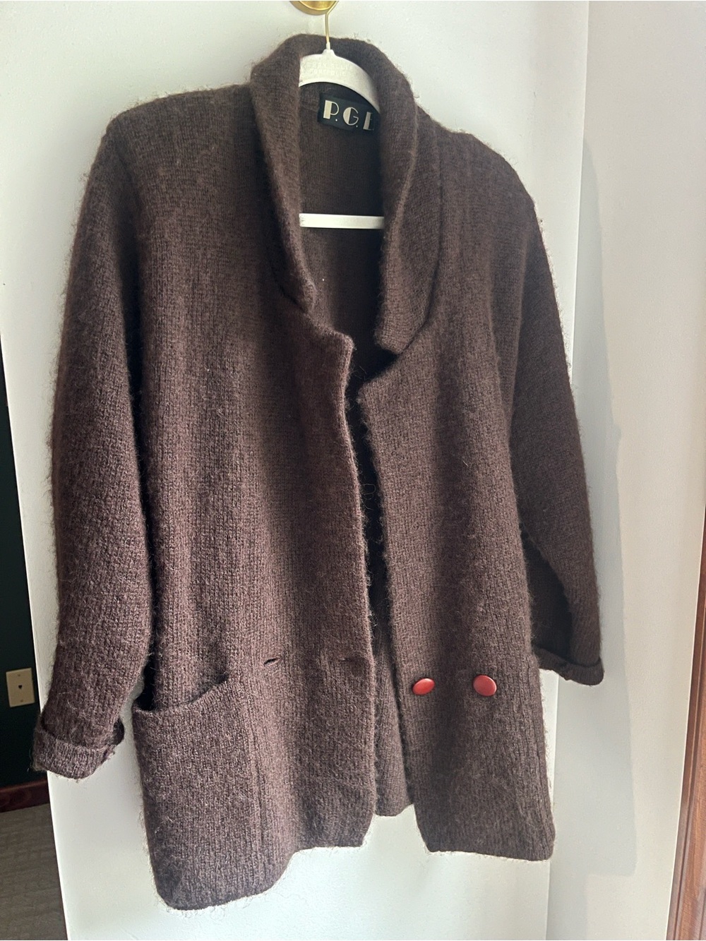 Vintage PGE Mohair Blend Cardigan | Brown Chunky Knit | 80s 90s Shoulder Pads